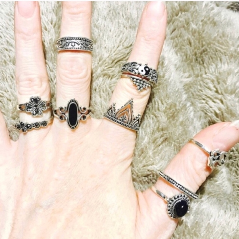 10pc BOHO RING SET black SILVER Ohm band crown - Picture 4 of 4